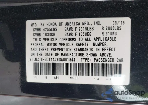 2016 Honda Accord Ex из США, поврежденный, VIN 1HGCT1A76GA001844